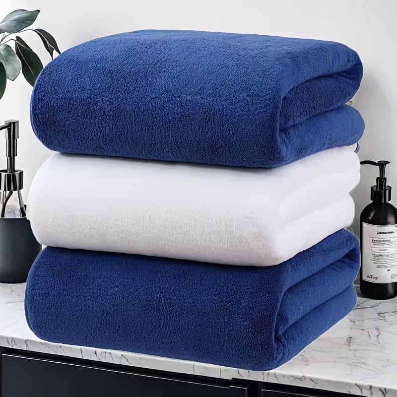 Комплект от три хавлии за баня и плаж – корална плюш, прежда 150D, подгъване и плоска тъкане, възможност за персонализирано лого