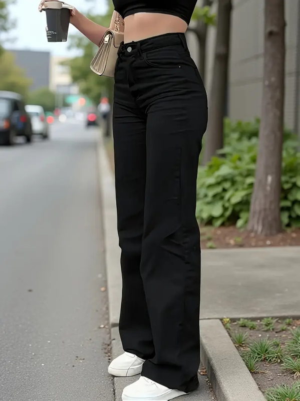 Дънки за жени с прави крачоли, висока талия, деним с 70–80% памук и под 30% полиестер, еластични, с измит завършек