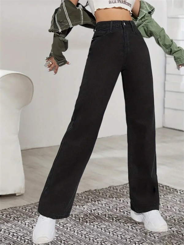 Дънки за жени с прави крачоли, висока талия, деним с 70–80% памук и под 30% полиестер, еластични, с измит завършек