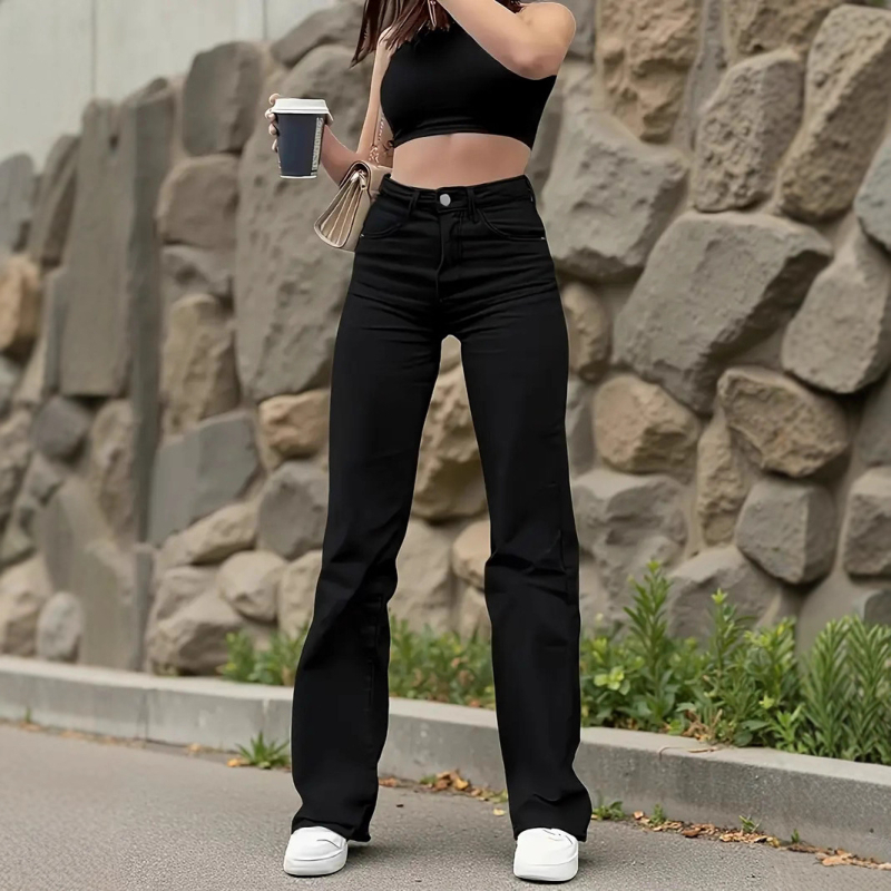 Дънки за жени с прави крачоли, висока талия, деним с 70–80% памук и под 30% полиестер, еластични, с измит завършек