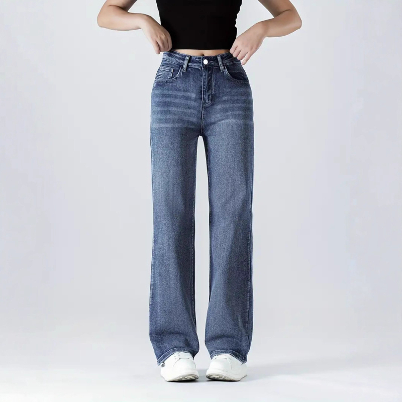 Дънки за жени с прави крачоли, висока талия, деним с 70–80% памук и под 30% полиестер, еластични, с измит завършек