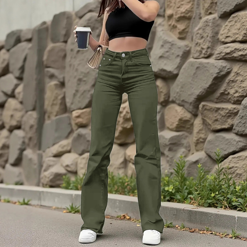 Дънки за жени с прави крачоли, висока талия, деним с 70–80% памук и под 30% полиестер, еластични, с измит завършек