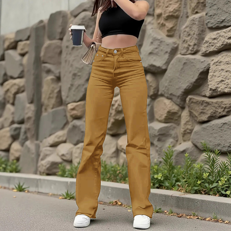 Дънки за жени с прави крачоли, висока талия, деним с 70–80% памук и под 30% полиестер, еластични, с измит завършек