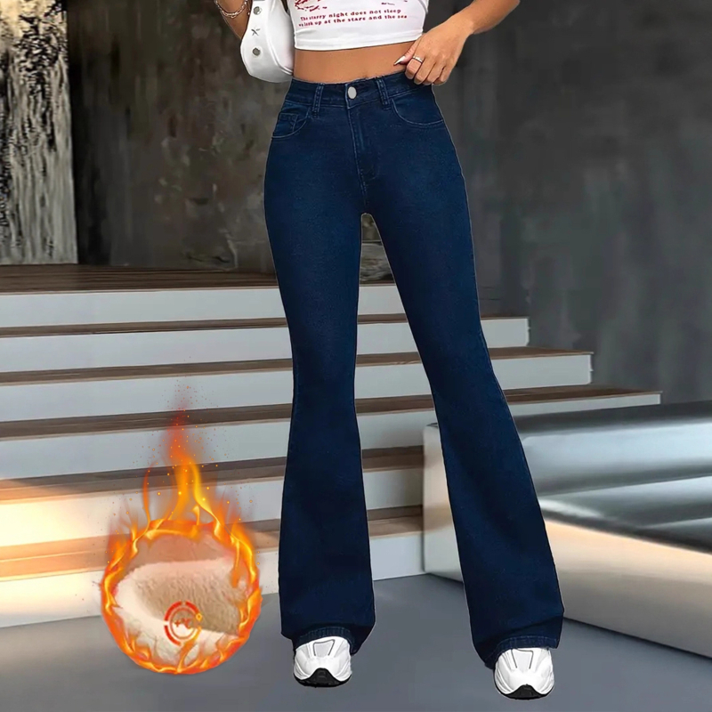 Дамски дънки с разтеглив деним, Bootcut с леко разширение, висока талия, деним от памук и полиестер