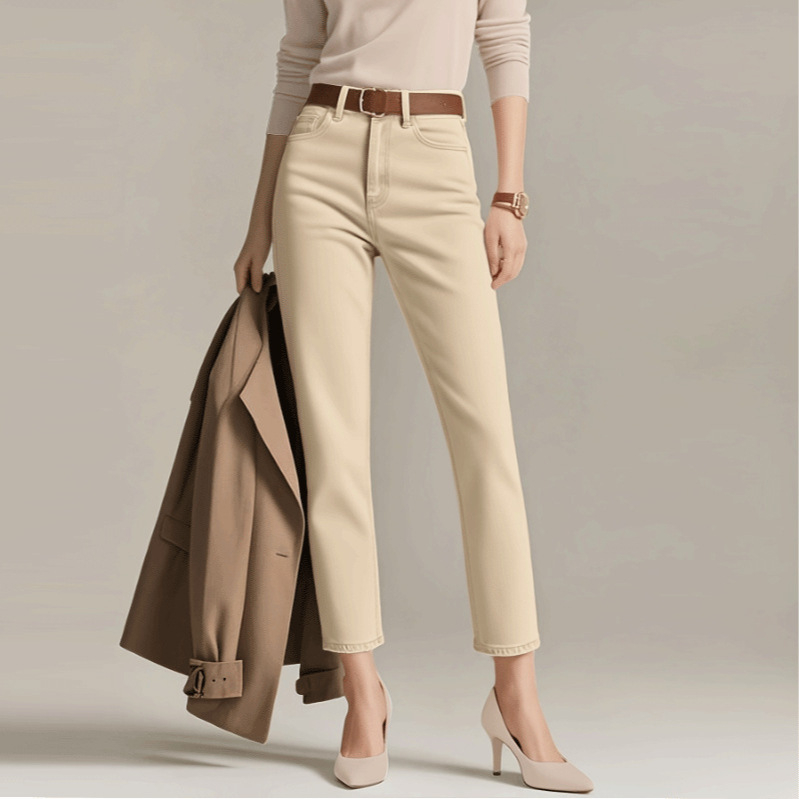 Дамски дънки деним за есен-зима 2025: висока талия, тясен силует, деним с еластан, приятни към кожата, елегантен градски делови стил