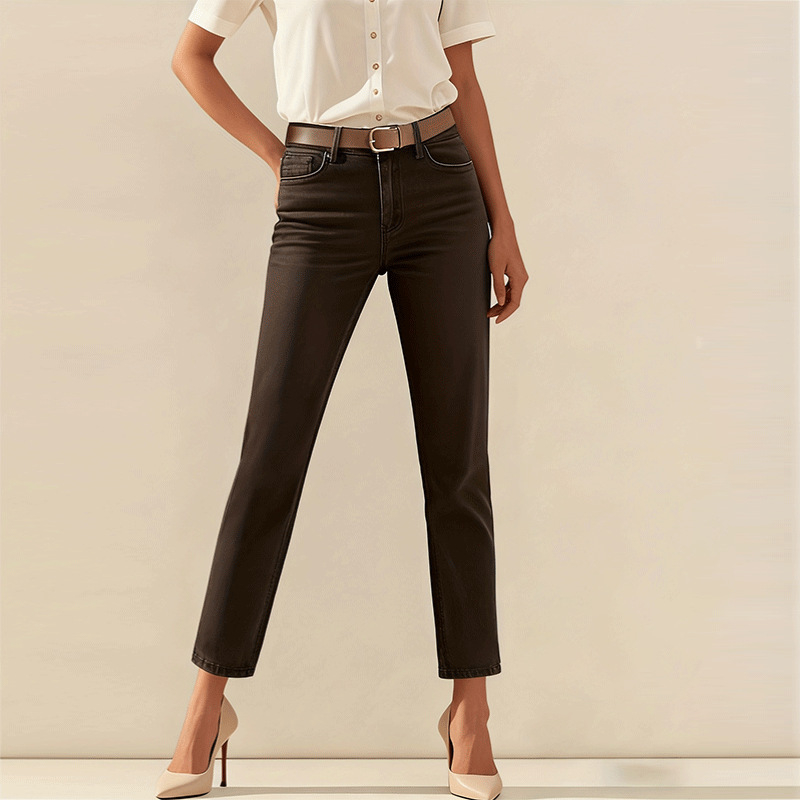 Дамски дънки деним за есен-зима 2025: висока талия, тясен силует, деним с еластан, приятни към кожата, елегантен градски делови стил