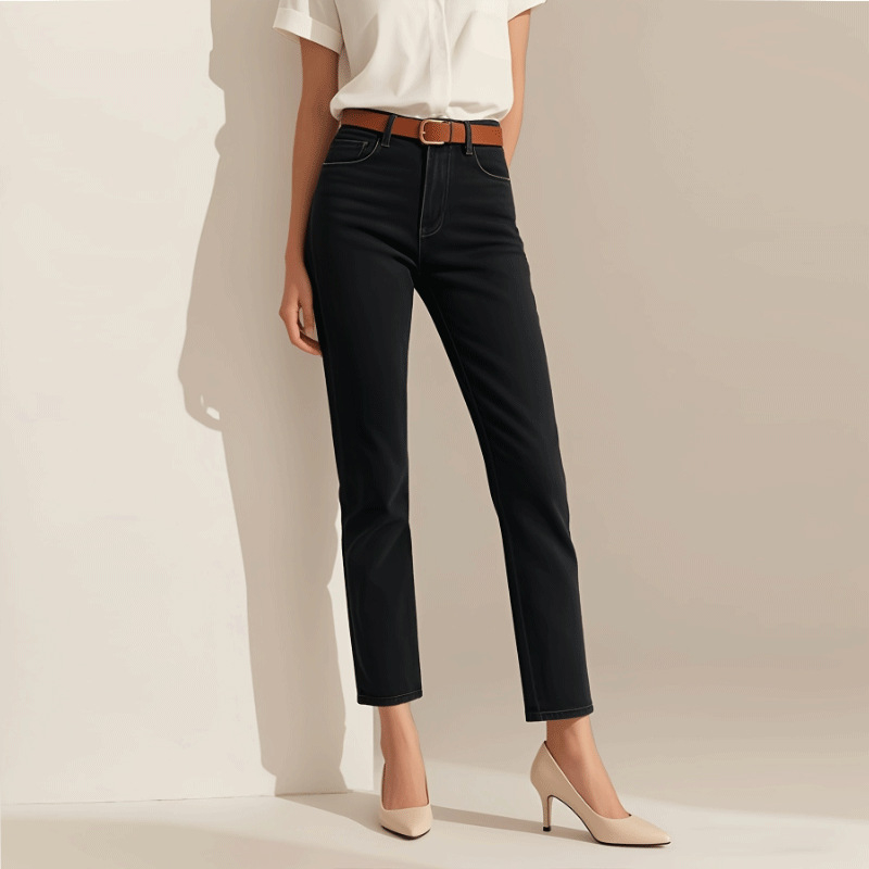 Дамски дънки деним за есен-зима 2025: висока талия, тясен силует, деним с еластан, приятни към кожата, елегантен градски делови стил