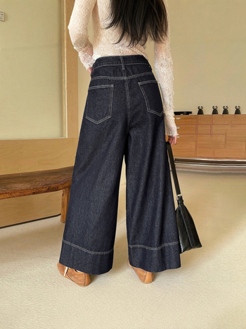 Дамски панталони с широки крачоли, средна талия, деним памук с полиестър, дебела тъкан, микроеластичност