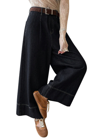 Дамски панталони с широки крачоли, средна талия, деним памук с полиестър, дебела тъкан, микроеластичност