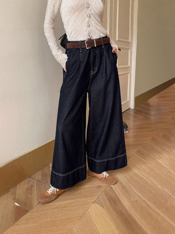 Дамски панталони с широки крачоли, средна талия, деним памук с полиестър, дебела тъкан, микроеластичност
