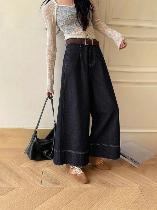 Дамски панталони с широки крачоли, средна талия, деним памук с полиестър, дебела тъкан, микроеластичност