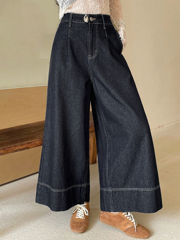 Дамски панталони с широки крачоли, средна талия, деним памук с полиестър, дебела тъкан, микроеластичност
