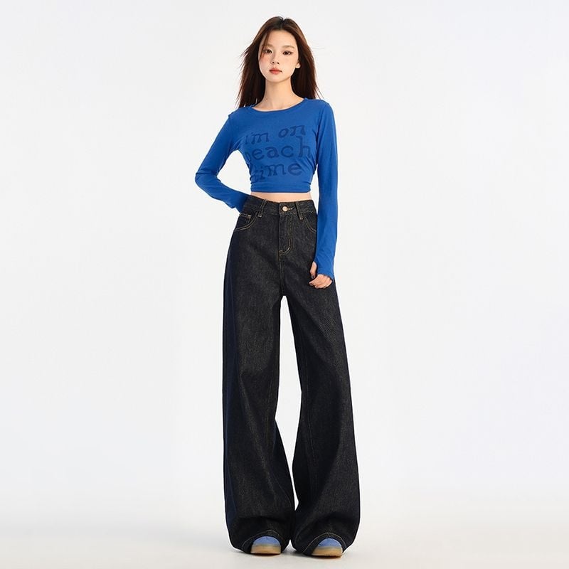 Дънкови панталони с висока талия, широки крачоли, дълги до пода, микроеластични