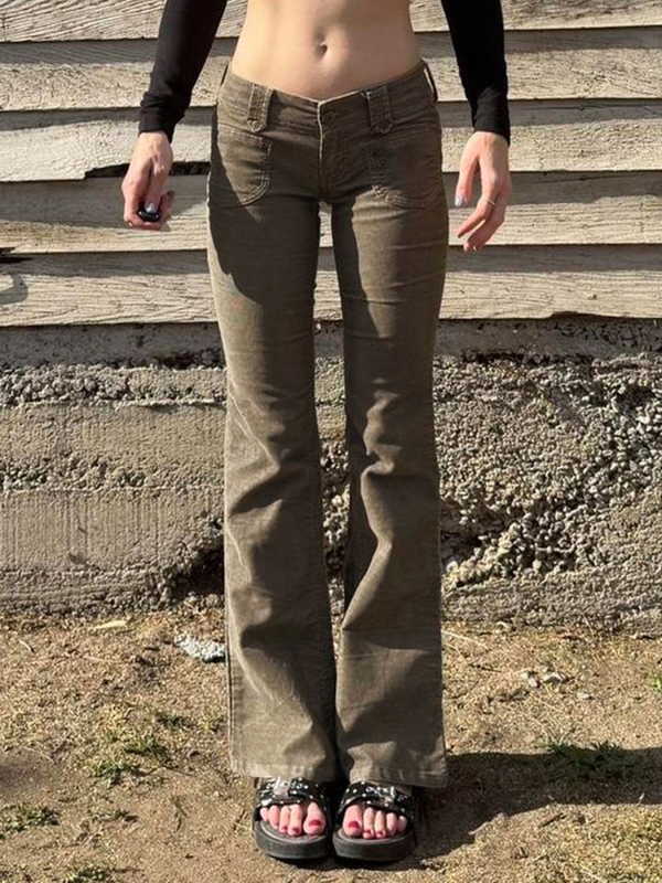 Дамски панталони Corduroy, нисък талия, 95% полиестер, микроеластичност, уличен хипстър стил, ежедневни панталони