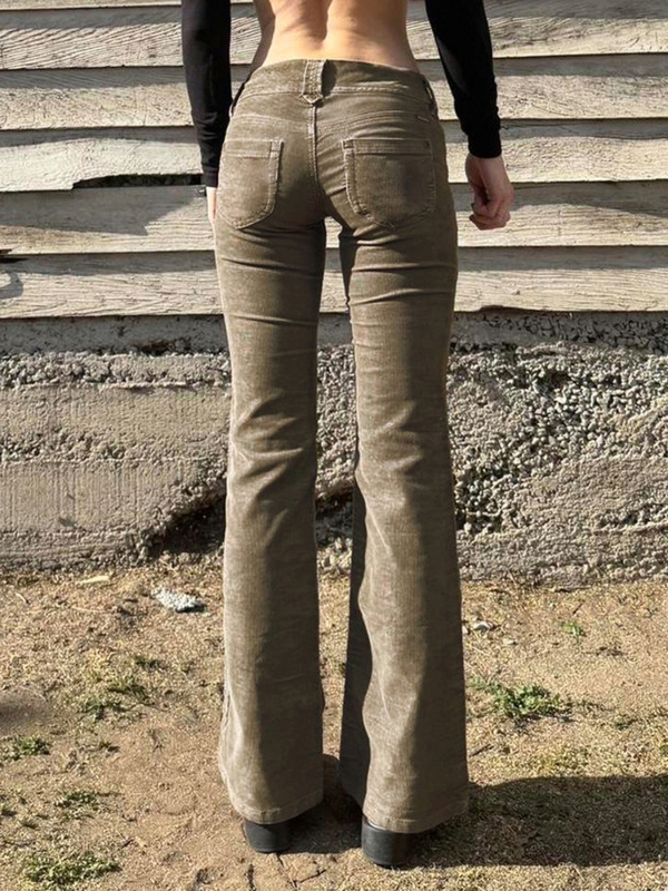 Дамски панталони Corduroy, нисък талия, 95% полиестер, микроеластичност, уличен хипстър стил, ежедневни панталони