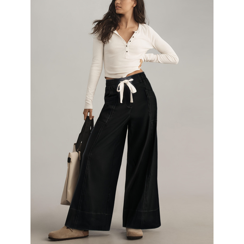 Дамски широки панталони с еластична талия, подплатени с полар, LYCRA и полиехиленово влакно, дълги, удобни и елегантни