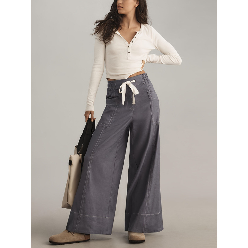 Дамски широки панталони с еластична талия, подплатени с полар, LYCRA и полиехиленово влакно, дълги, удобни и елегантни