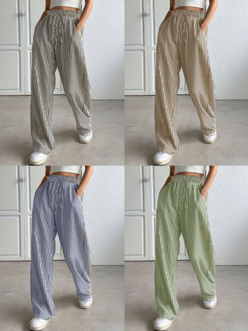 Права кройка панталони с райета, ежедневни, средно висока талия, полиестер-еластанова смес, есен 2025.