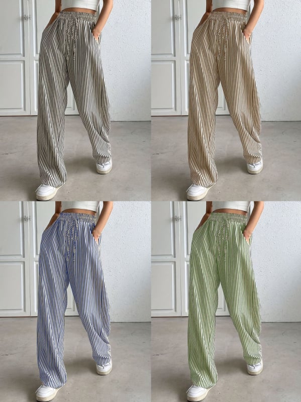 Права кройка панталони с райета, ежедневни, средно висока талия, полиестер-еластанова смес, есен 2025.