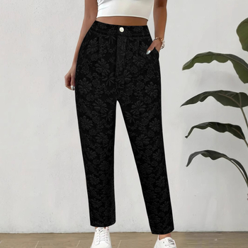 Женски панталони с жакардов флорален принт, прави крачоли, висока талия, летни ежедневни панталони с джобове