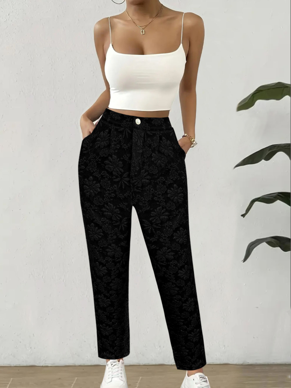 Женски панталони с жакардов флорален принт, прави крачоли, висока талия, летни ежедневни панталони с джобове