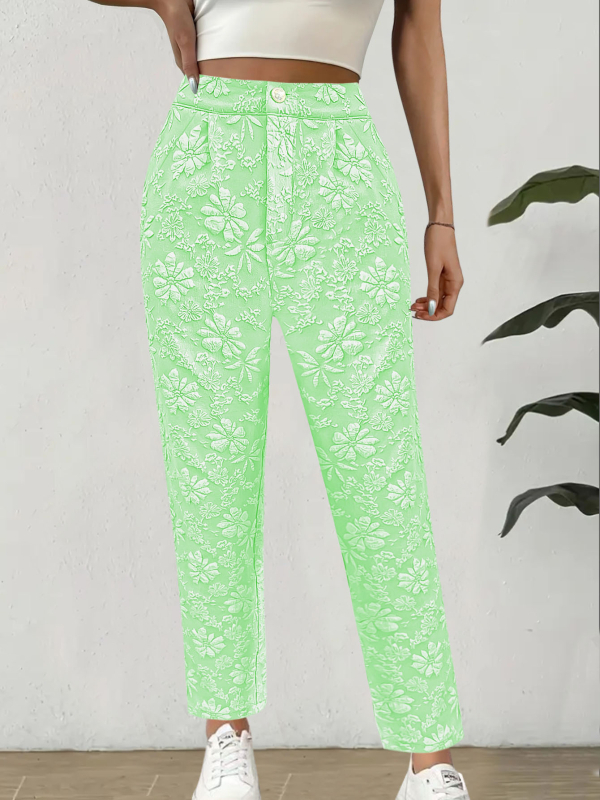 Женски панталони с жакардов флорален принт, прави крачоли, висока талия, летни ежедневни панталони с джобове