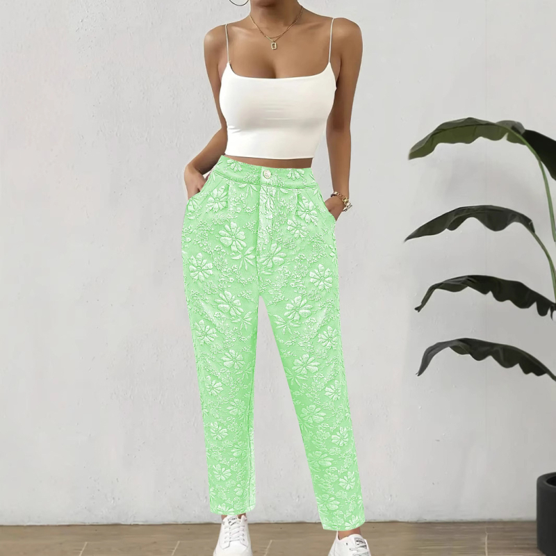Женски панталони с жакардов флорален принт, прави крачоли, висока талия, летни ежедневни панталони с джобове