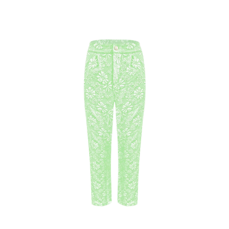 Женски панталони с жакардов флорален принт, прави крачоли, висока талия, летни ежедневни панталони с джобове