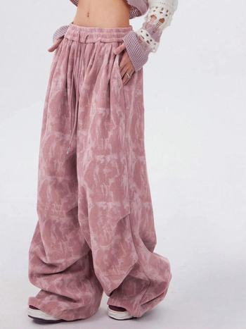 Dámske široké nohavice z cordury - elastický pás, leto 2025, tie-dye detail, japonsko-kórejský voľný štýl