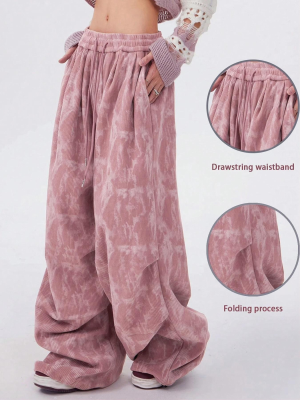 Dámske široké nohavice z cordury - elastický pás, leto 2025, tie-dye detail, japonsko-kórejský voľný štýl