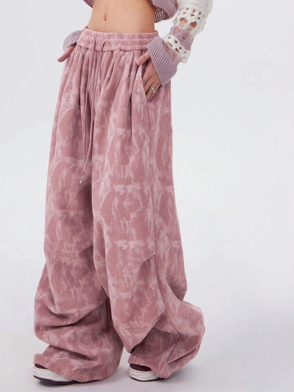Dámske široké nohavice z cordury - elastický pás, leto 2025, tie-dye detail, japonsko-kórejský voľný štýl