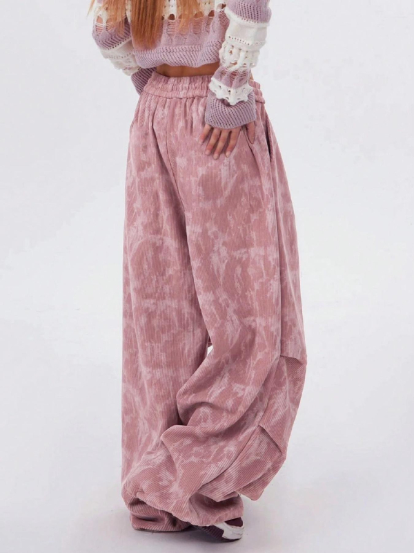 Dámske široké nohavice z cordury - elastický pás, leto 2025, tie-dye detail, japonsko-kórejský voľný štýl