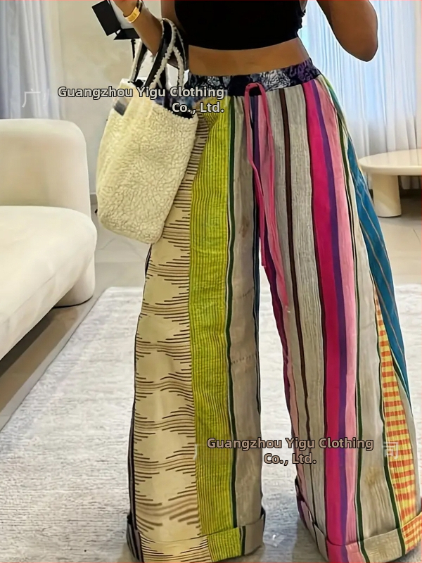 Naiste sirged püksid, pikkade jalgadega, kõrge vöökoht, triibuline trükk, polüester-elastaani segu, keskmine paksus, linnaliku stiil