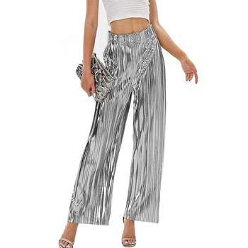 Дамски плисирани панталони с широки крачоли, висока талия, полиестер 95%+, микроеластичност, лято 2024