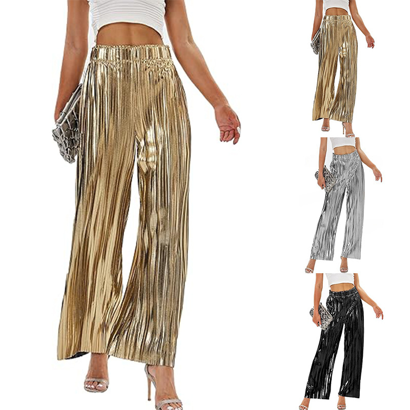 Дамски плисирани панталони с широки крачоли, висока талия, полиестер 95%+, микроеластичност, лято 2024