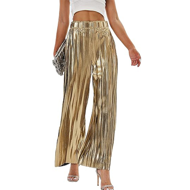 Дамски плисирани панталони с широки крачоли, висока талия, полиестер 95%+, микроеластичност, лято 2024