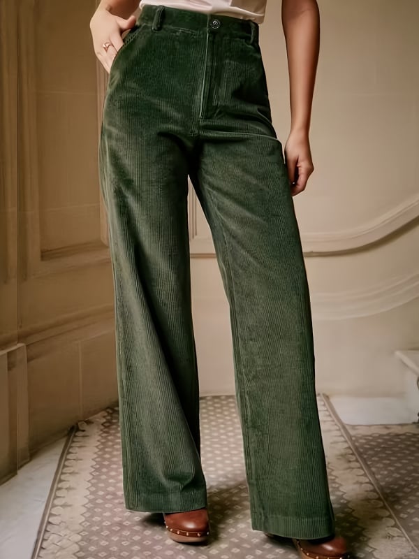 Naiste kõrge vööst laiad püksid corduroy materjalist, 95% polüester, tavaline paksus