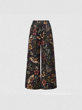 Женски широки панталони с принт, висок талия, свободна кройка, полиестер 95%+, еластан, лято 2025
