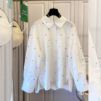 Блуза с дълги ръкави в стил кардиган, бродирано сърце, 95% памук, свободна кройка