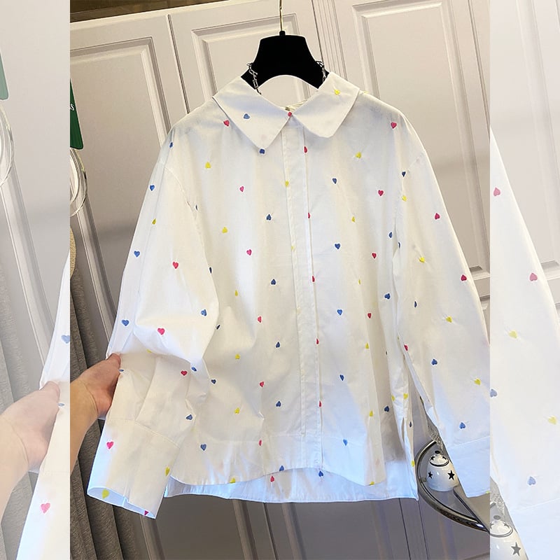 Блуза с дълги ръкави в стил кардиган, бродирано сърце, 95% памук, свободна кройка