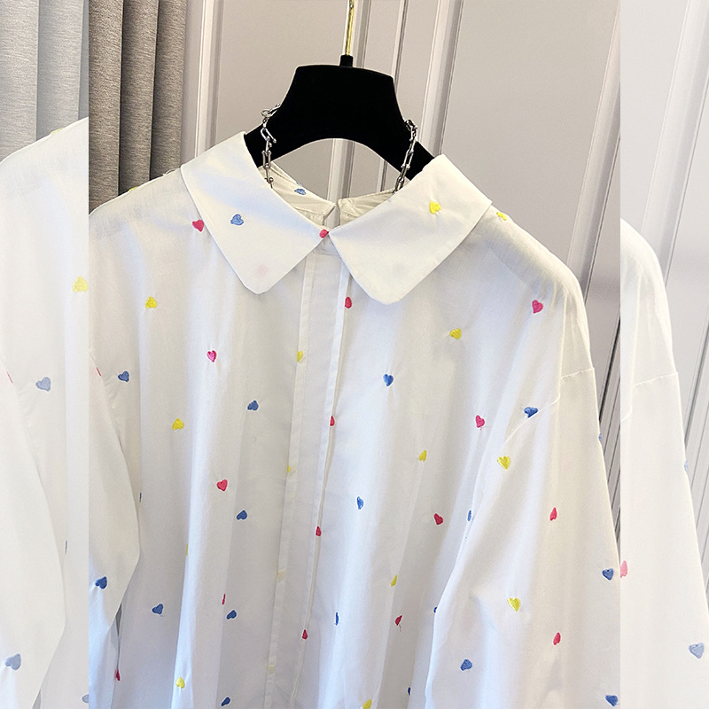 Блуза с дълги ръкави в стил кардиган, бродирано сърце, 95% памук, свободна кройка