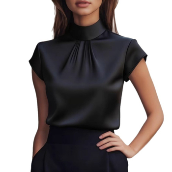 Satiinist polüesterist lühikeste varrukatega särk, plisseeritud disain, kortsuline tekstuur, kõrge krae, elegantne kontori stiil