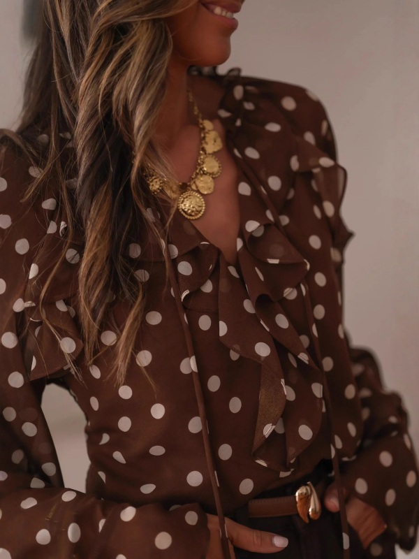 Шифонова дамска риза със V-образно деколте, дълги разкроени ръкави, принт, качулка, свободен модел