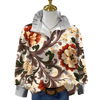 Дамска качулка от полиестерен флийс с 3D флорални принтове, дълги ръкави, яка с форма на гъбичка, нормална дължина, есен 2025
