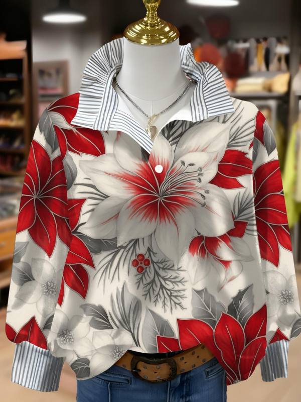 Дамска качулка от полиестерен флийс с 3D флорални принтове, дълги ръкави, яка с форма на гъбичка, нормална дължина, есен 2025