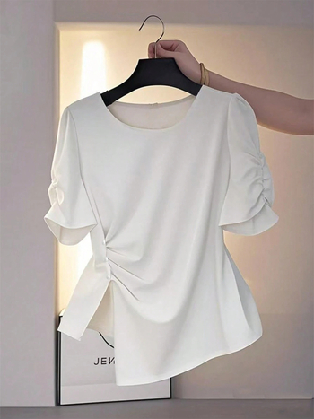 Tricou damă din poliester cu croială neregulată, guler rotund, mâneci scurte, croială 3D, 95% poliester, Vara 2025