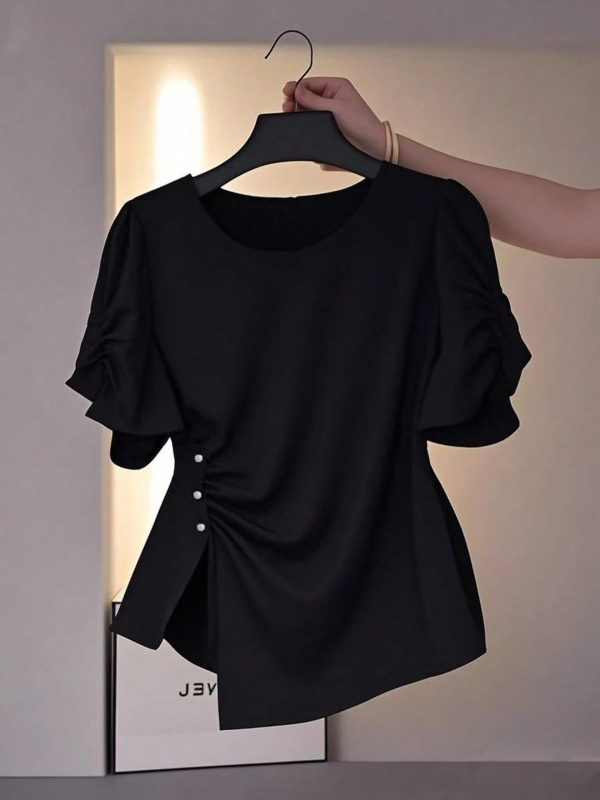 Tricou damă din poliester cu croială neregulată, guler rotund, mâneci scurte, croială 3D, 95% poliester, Vara 2025