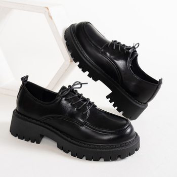 Sieviešu loaferi: apaļš purns, britiskais stils, PU augšdaļa, vidēja papēža augstums 3–5 cm, bieza zole