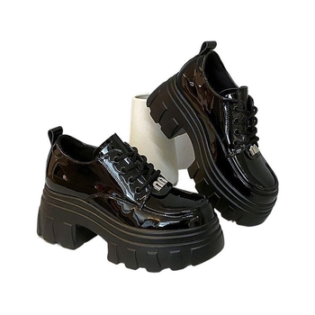 Дамски обувки с дебела подметка, PU горна част, кръгла носова част, нисък ток, гумена подметка, височина на тока 3–5 см