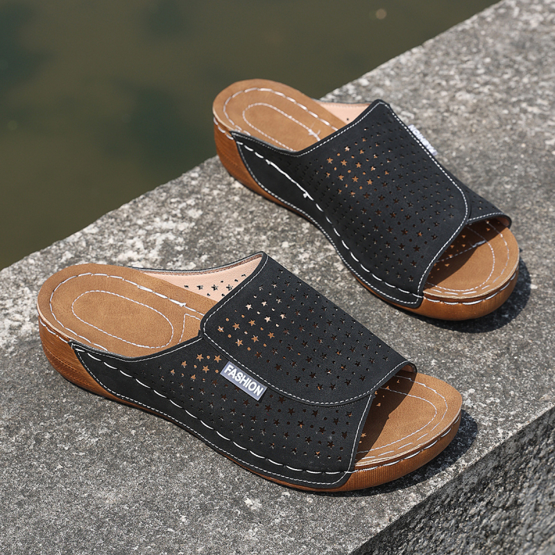 Γυναικεία σανδάλια με δάκτυλο σε σχήμα στόματος ψαριού, διάτρητο σχέδιο, PU επάνω μέρος, γυμνή σόλα